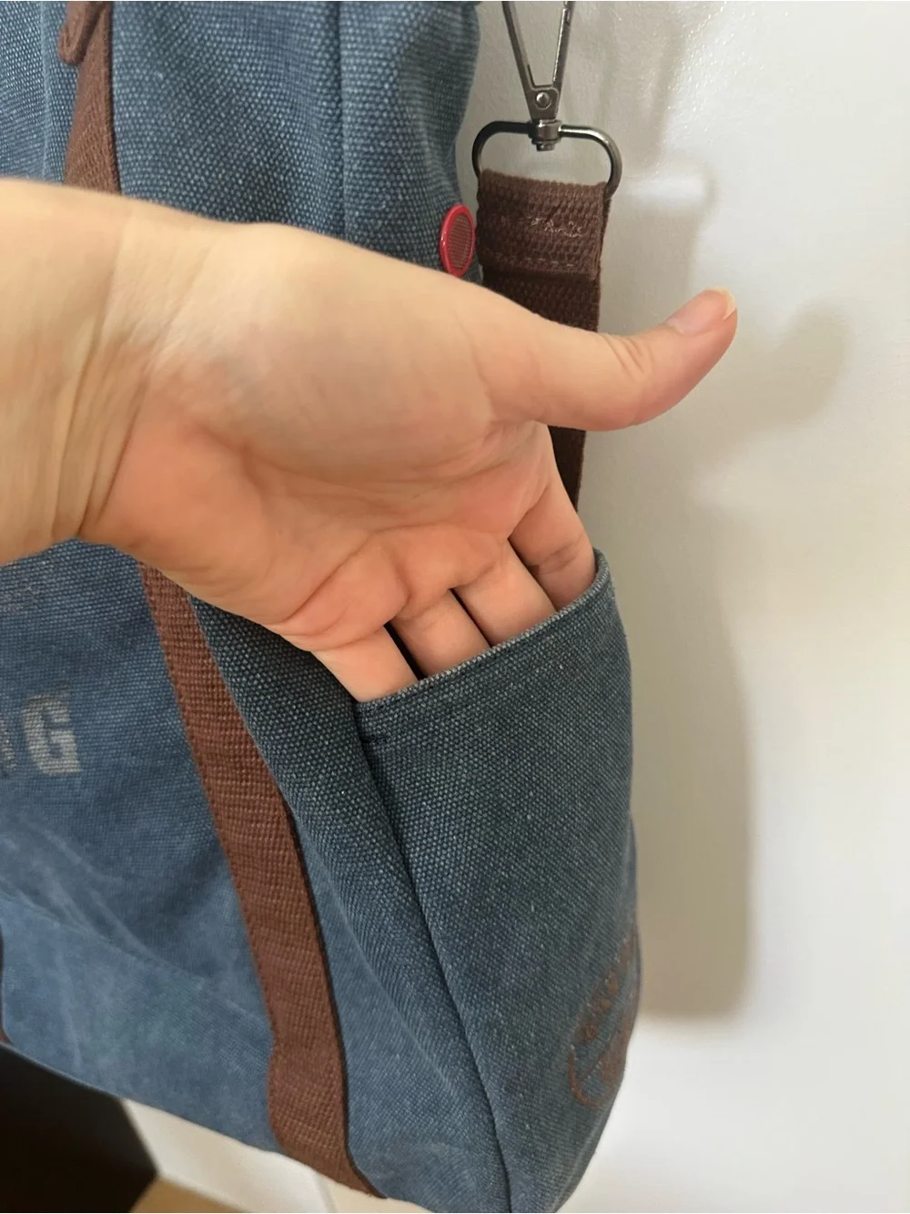 Canvas Messenger Tote in Blue with Brown Straps